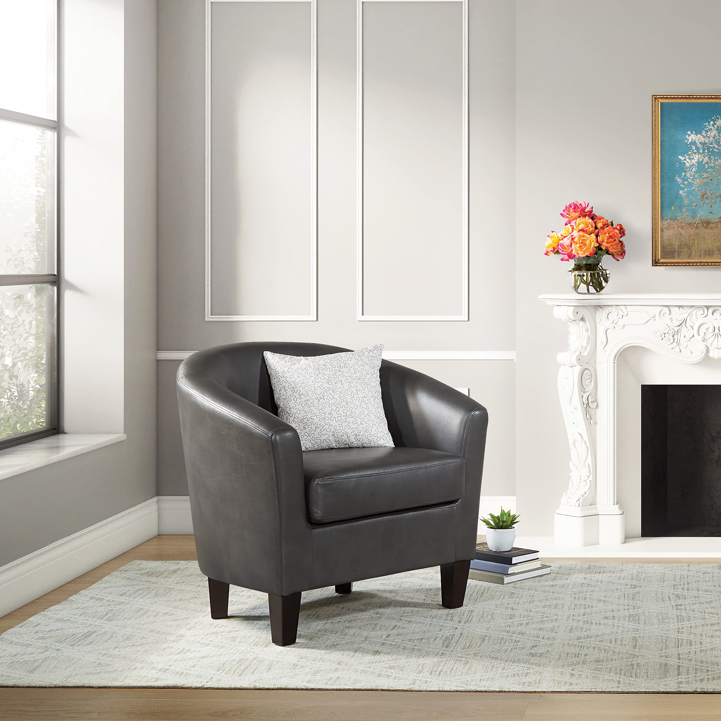 Tub Accent Chair with Dark Espresso Wood Legs, Pewter Faux Leather