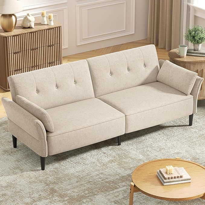 89” Futon Sofa Bed, Comfy Futon Couch Bed with 2 Square Pillows, Convertible Sleeper