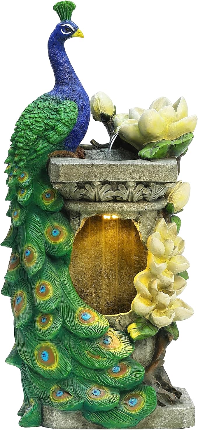 Outdoor Water Fountain, 44 Inch Resin Peacock Water Fountain Outdoor with Urns and LED Light