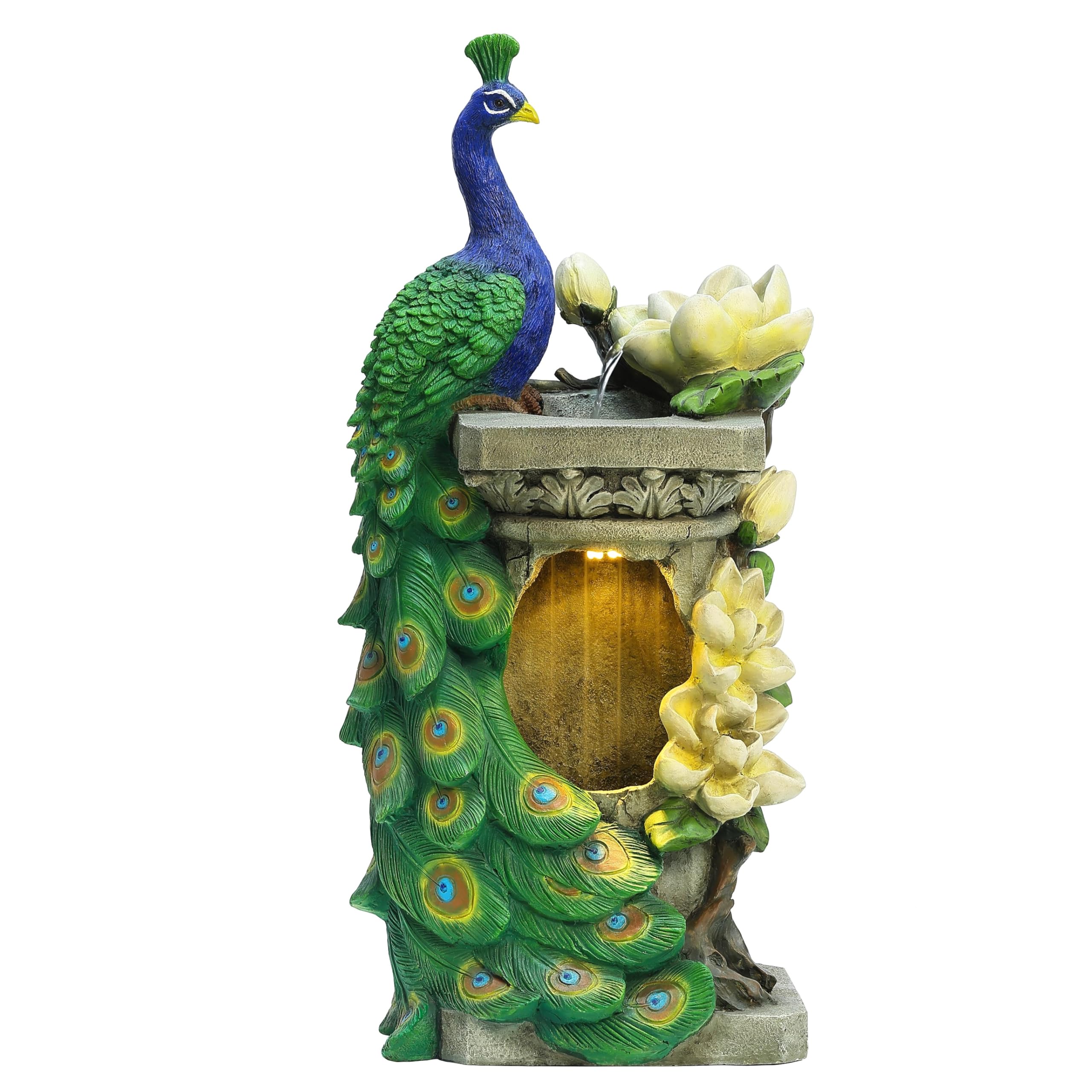32 Inch Outdoor Water Fountain, Peacock and Flower Resin Water Fountains Outdoor