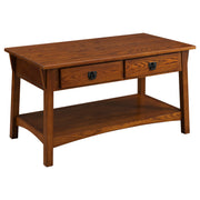 10055-RS Mission Coffee Table for Living Room, Two Drawers and Shelf