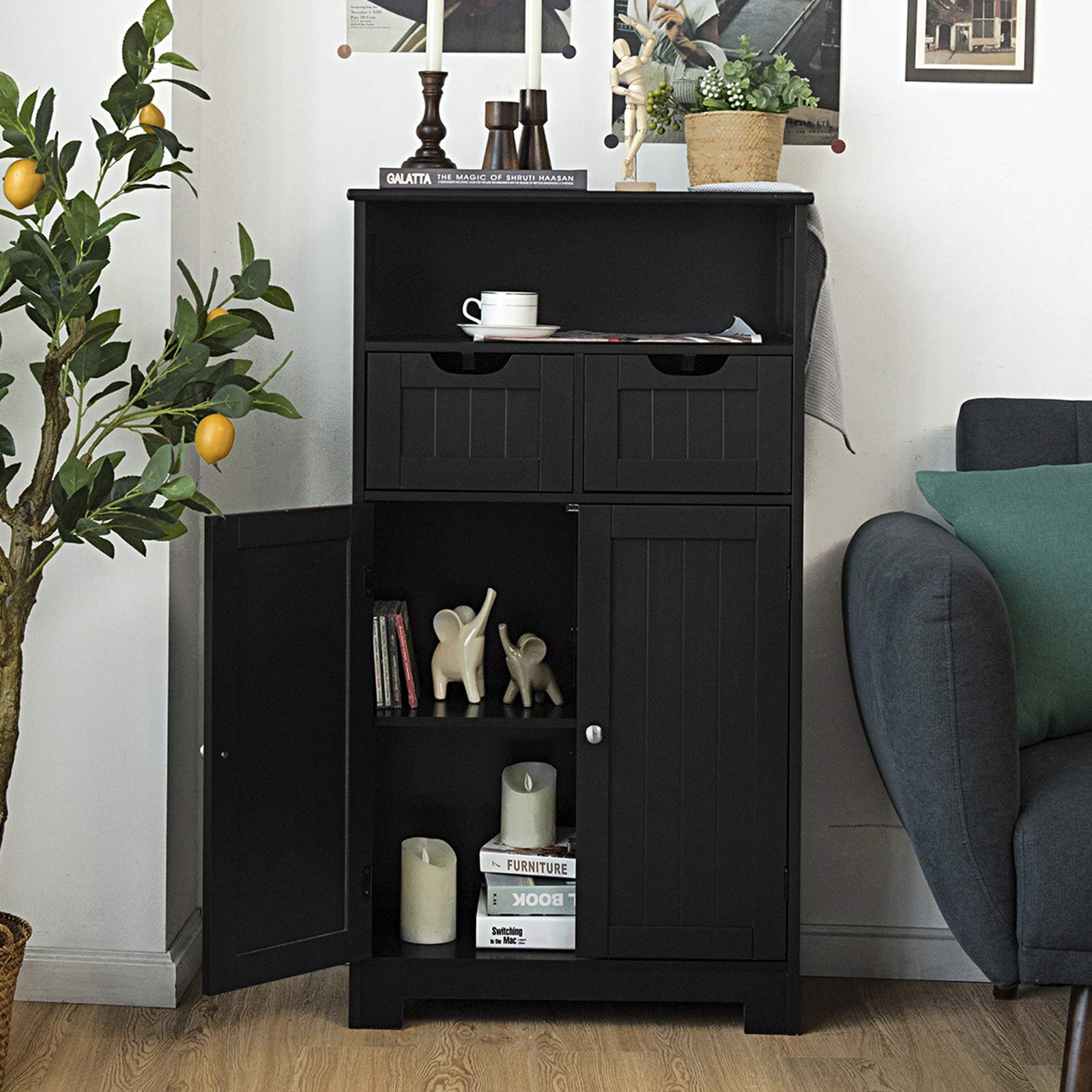 Bathroom Floor Cabinet, Storage Cabinet w/Open Shelf