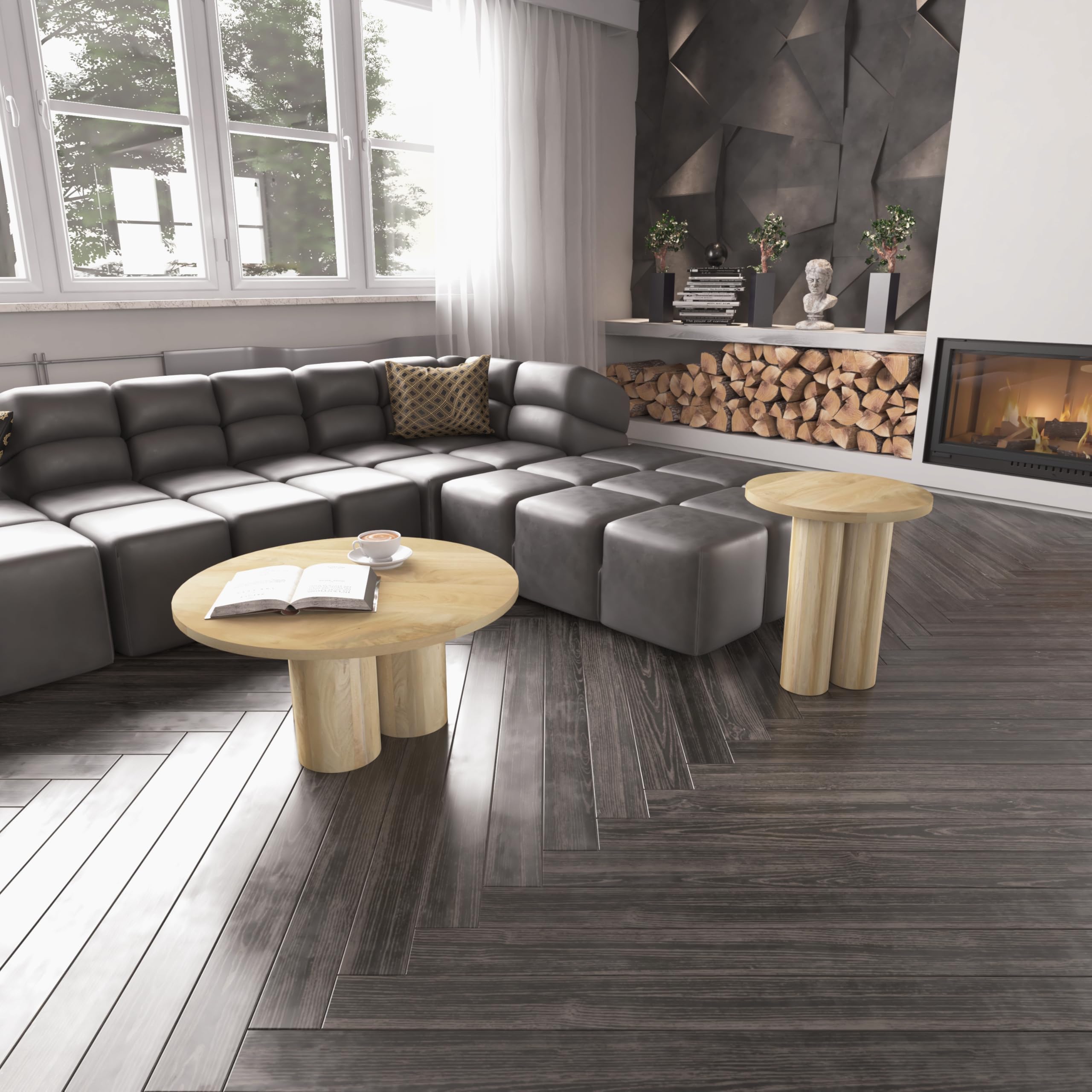 Hazel Side Table with 3 Pillar Legs, Handcrafted Natural Brown Mango Wood