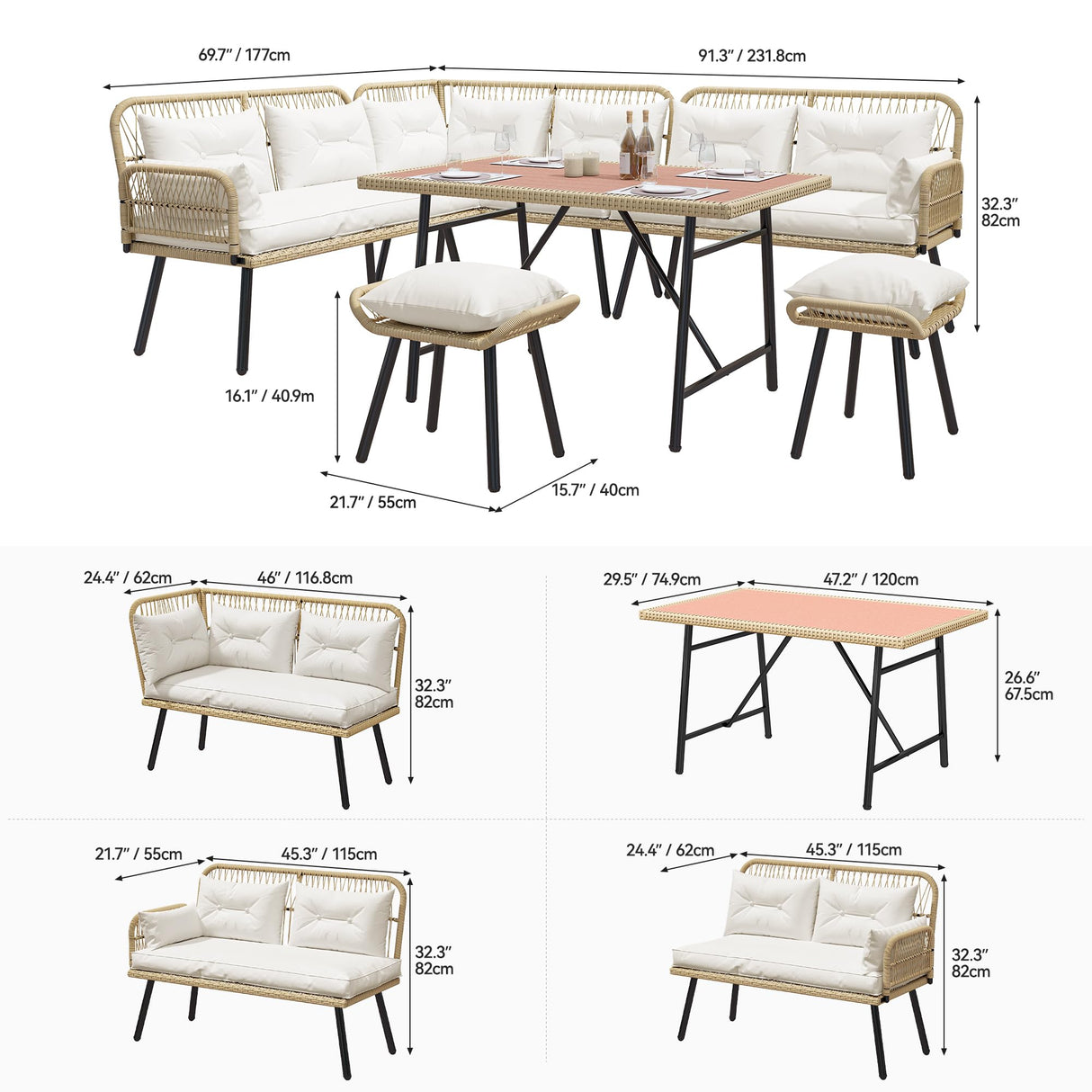 Rattan Outdoor Conversation Sofa Set for Backyard Deck with Soft Cushions