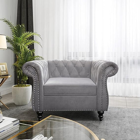 Modern Tufted Couch 3 Seater with Rolled Arms and Nailhead