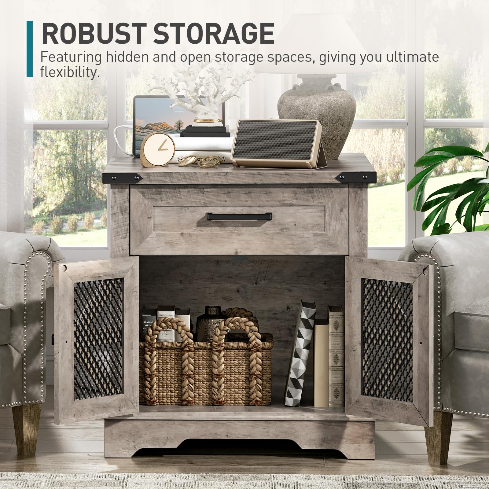 Farmhouse End Table with Charging Station, 24" Large Sofa Side Table