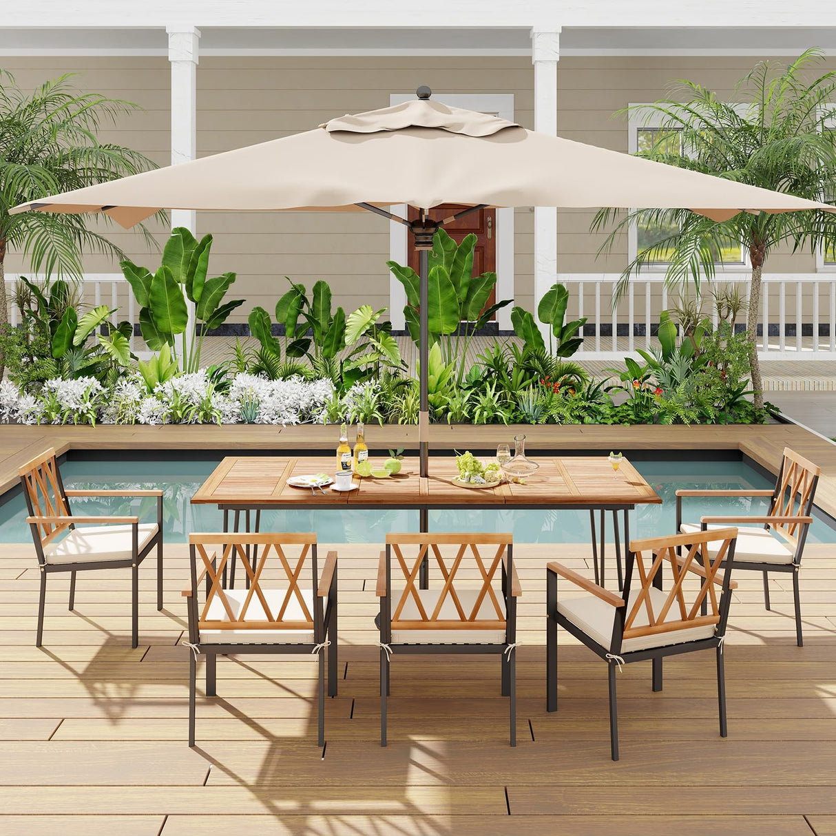 86.5-Inch Patio Dining Table, Indoor & Outdoor Dining Table w/Acacia Wood