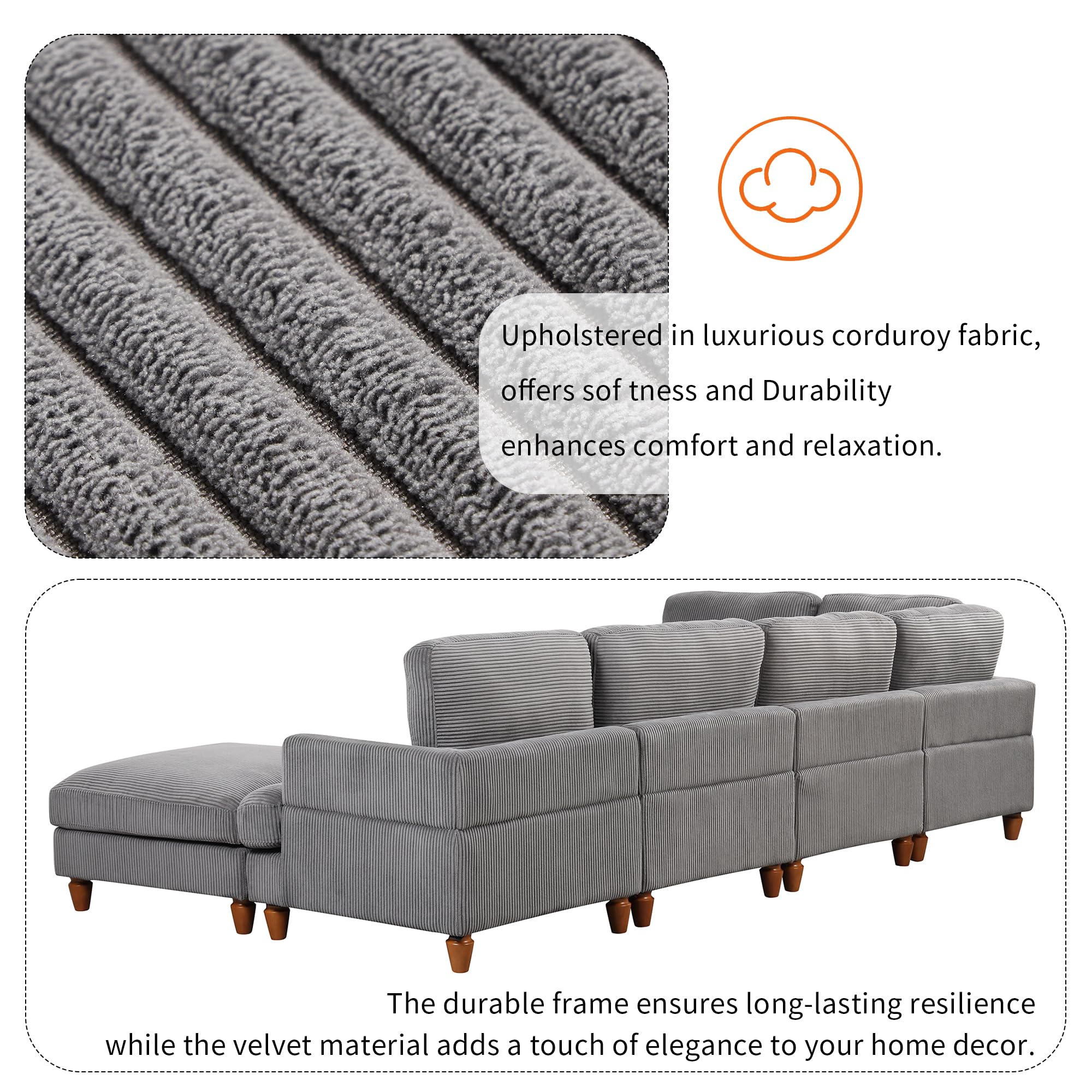 Corduroy Fabric Couch with Ottoman, L Shaped Sectional Sofa, 98" L Modular Corner