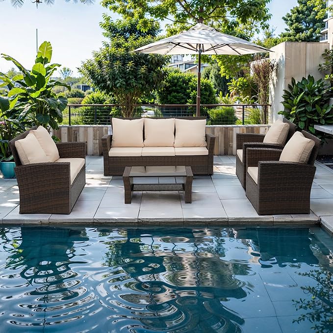 4 Piece Outdoor Patio Furniture Sets, Wicker Conversation Set for Porch Deck