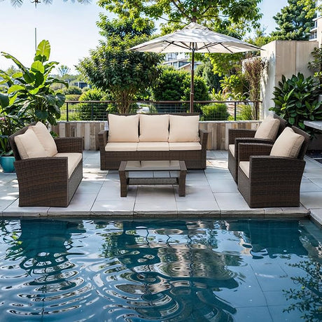 4 Piece Outdoor Patio Furniture Sets, Wicker Conversation Set for Porch Deck