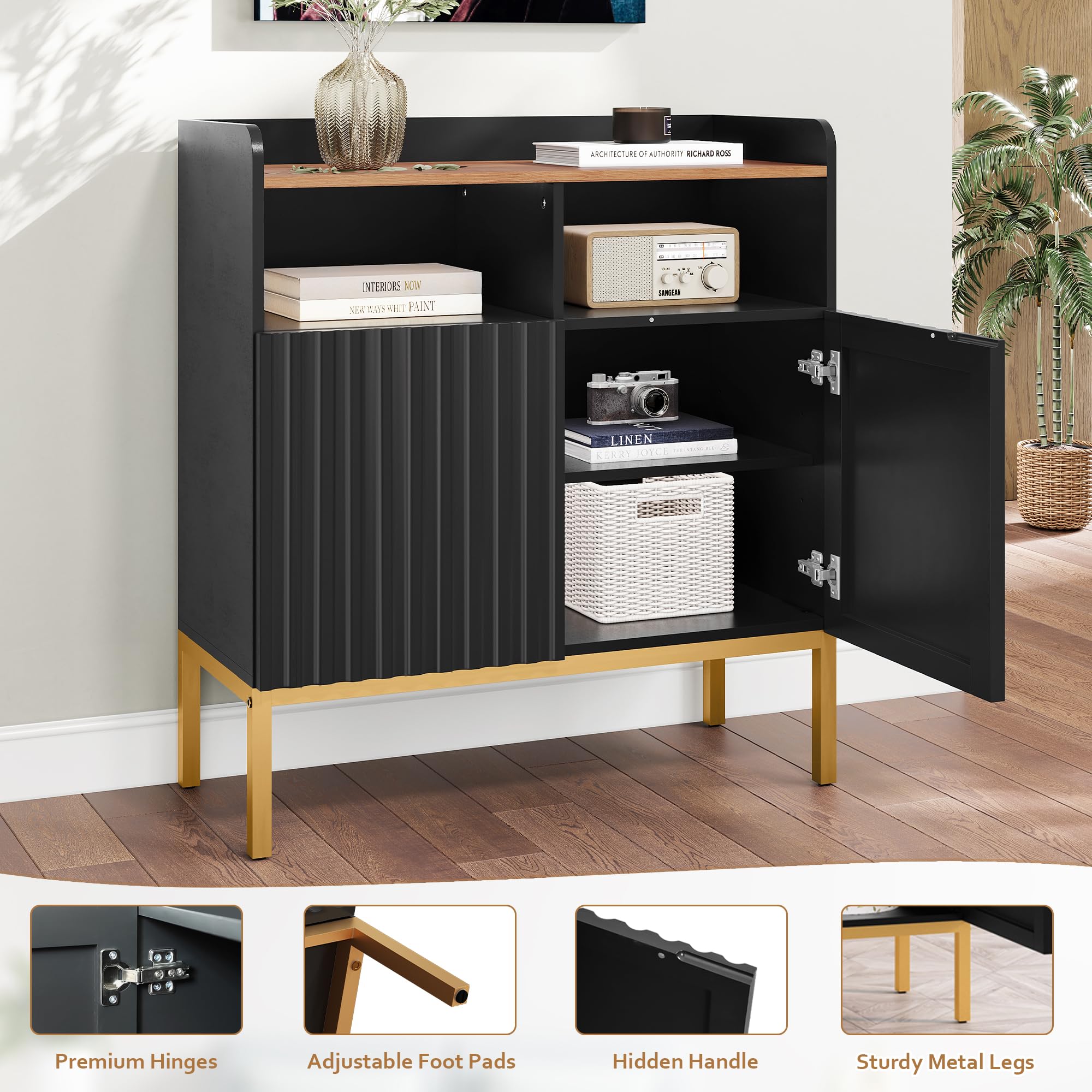 Fluted Storage Cabinet with 2 Doors, Modern Rustic Industrial Accent Cabinet