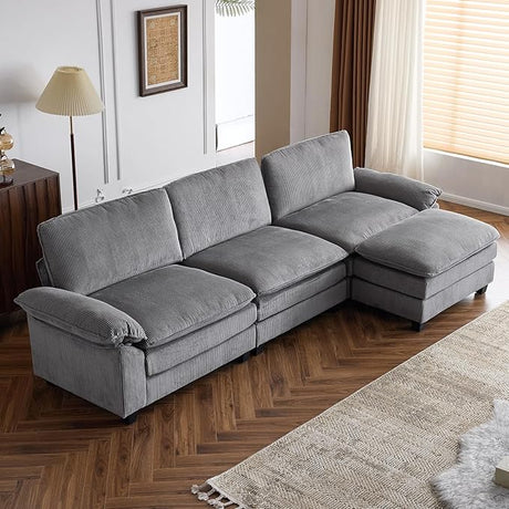 Sectional Sofa Modular Deep Seat Sofa Couch with Ottoman, Corduroy Sofa Sleeper Comfy Upholstered Furniture for Living Room, Apartment, Studio, Office, (3-Seat & 2-Ottoman, Gray)