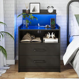 LED Nightstand with Charging Station, Night Stand with 2 Drawers and Open Storage