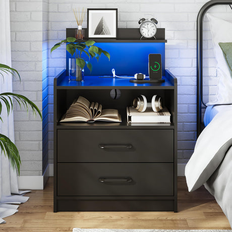 LED Nightstand with Charging Station, Night Stand with 2 Drawers and Open Storage