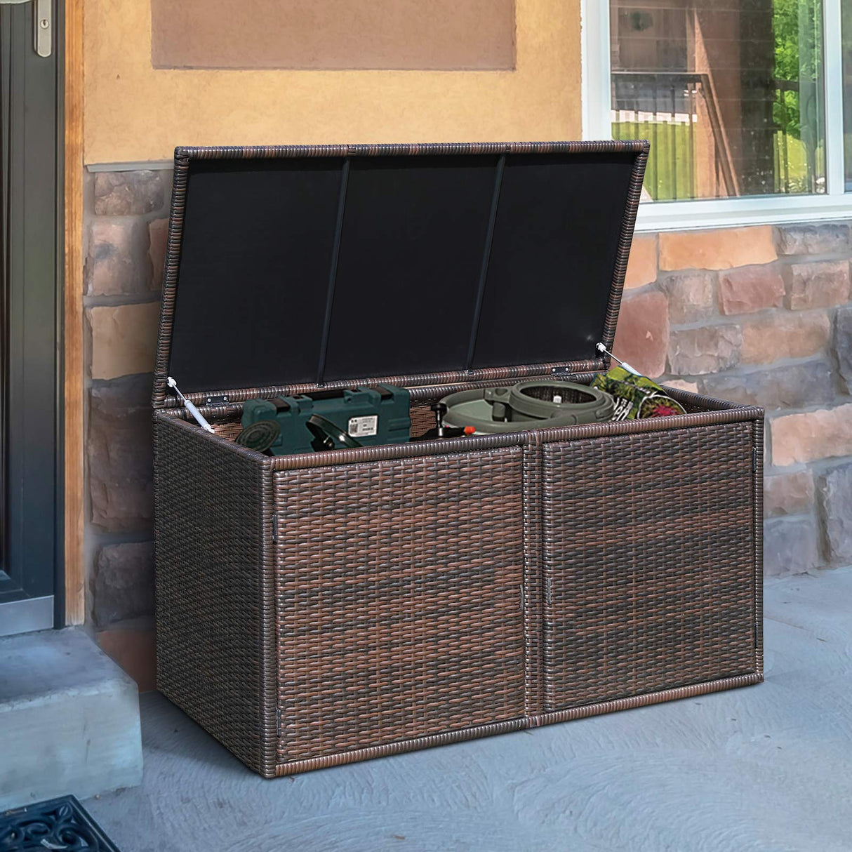 Outdoor Wicker Storage Box, Garden Deck Bin with Steel Frame, Rattan Storage Box