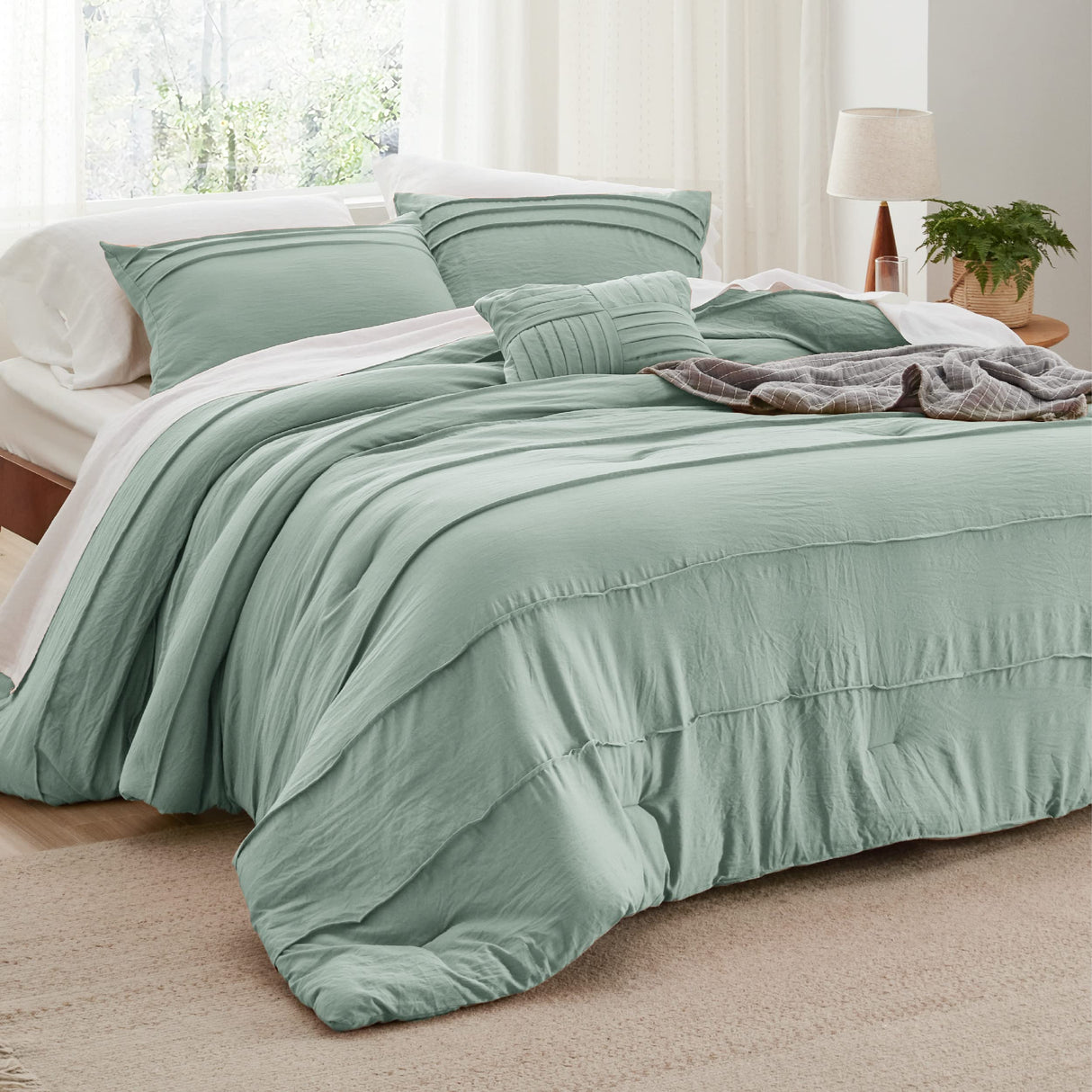 Sage Green California King Comforter Set - 4 Pieces Pinch Pleated Bed Set