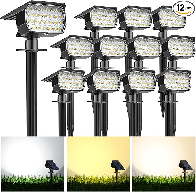Solar Spot Lights Outdoor 12 Pack, [52 LED/ 6 Color Lighting] Solar
