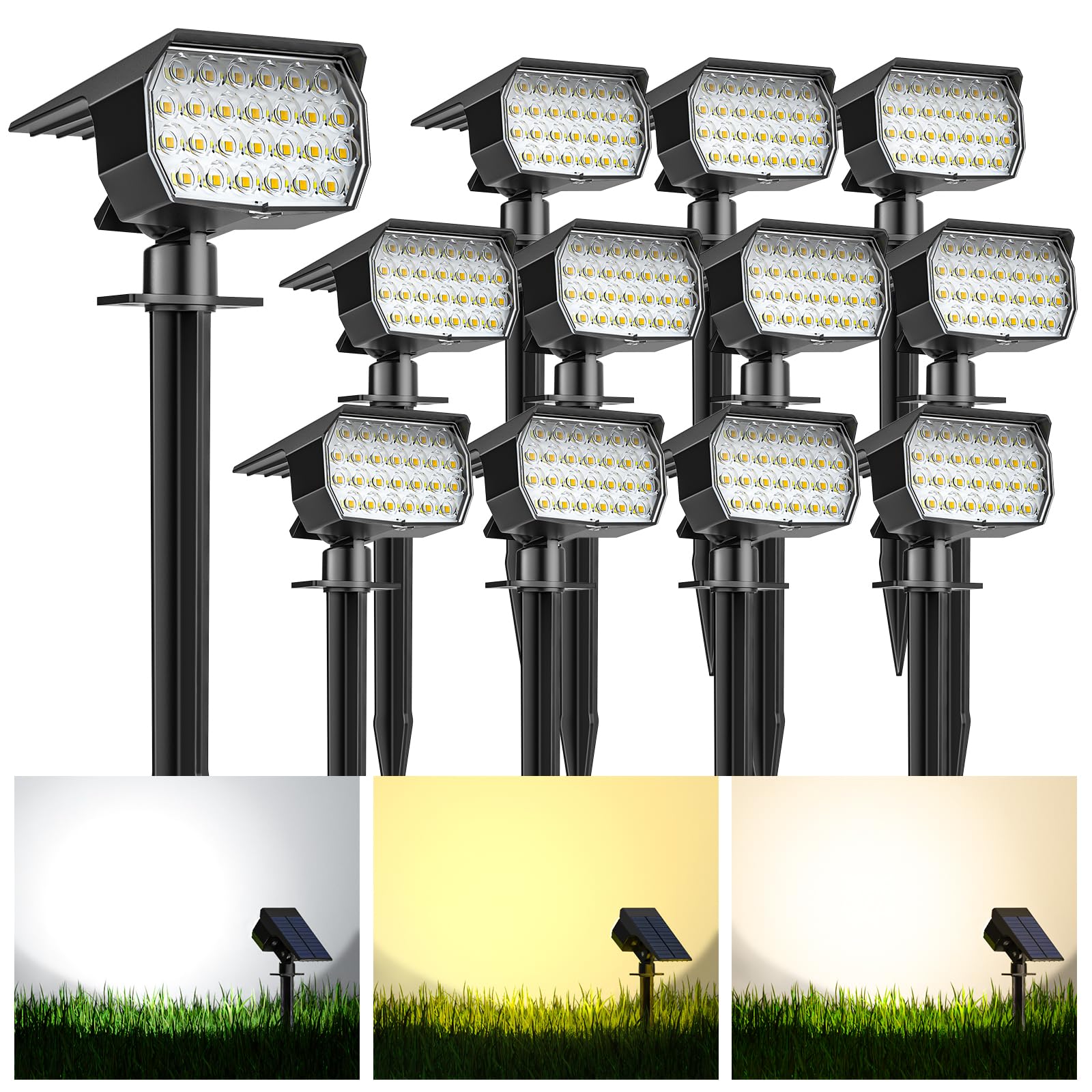Solar Spot Lights Outdoor 12 Pack, [52 LED/ 6 Color Lighting] Solar
