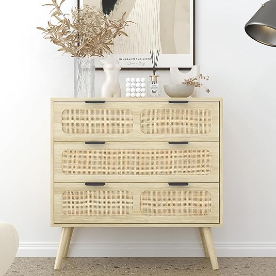 3 Drawer Dresser, Modern Rattan Dresser Chest with Wide Drawers and Metal Handles