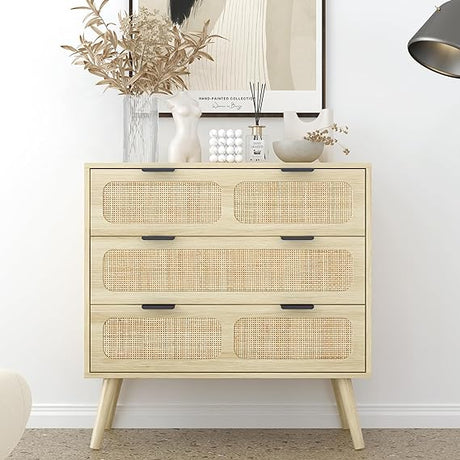 3 Drawer Dresser, Modern Rattan Dresser Chest with Wide Drawers and Metal Handles