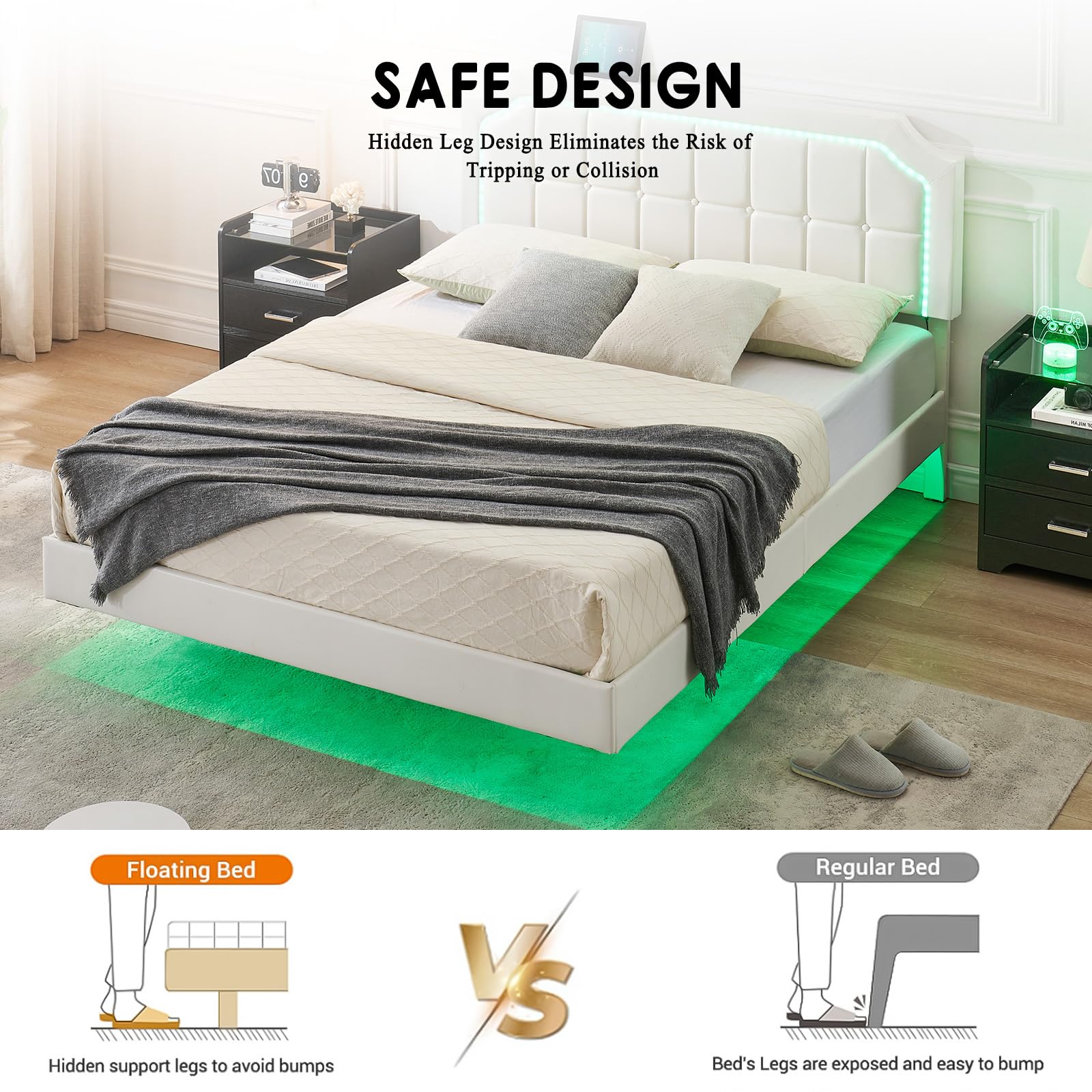 IDEALHOUSE Floating Bed Frame Full Size with RGB Led Lights, Upholstered Platform Full Bed with Adjustable Headboard, Button Tafted Headboard No Box Spring Needed, Easy to Assemble