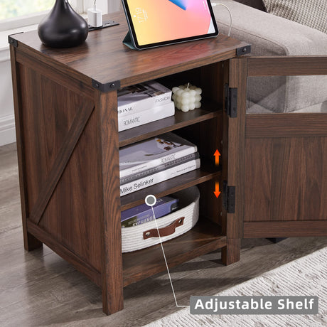 Farmhouse End Table with Charging Station, 18'' Rustic Nightstand with Barn Doo