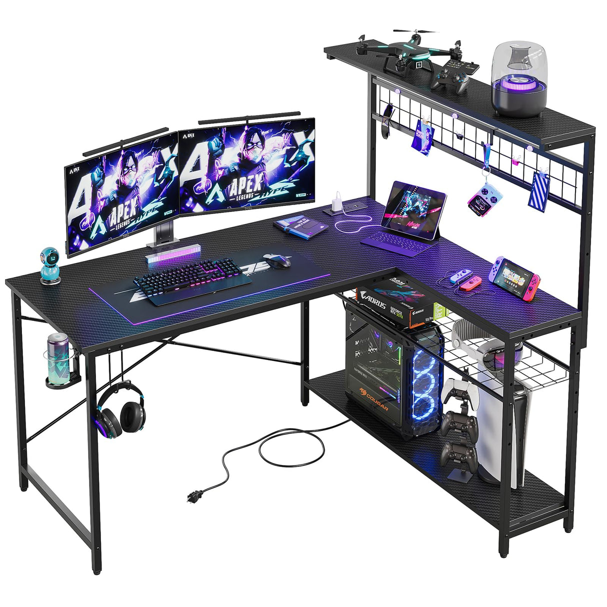 51 L Shaped Gaming Desk with Power Outlets, LED Workstation with 4 Tiers Shelves for Home Office