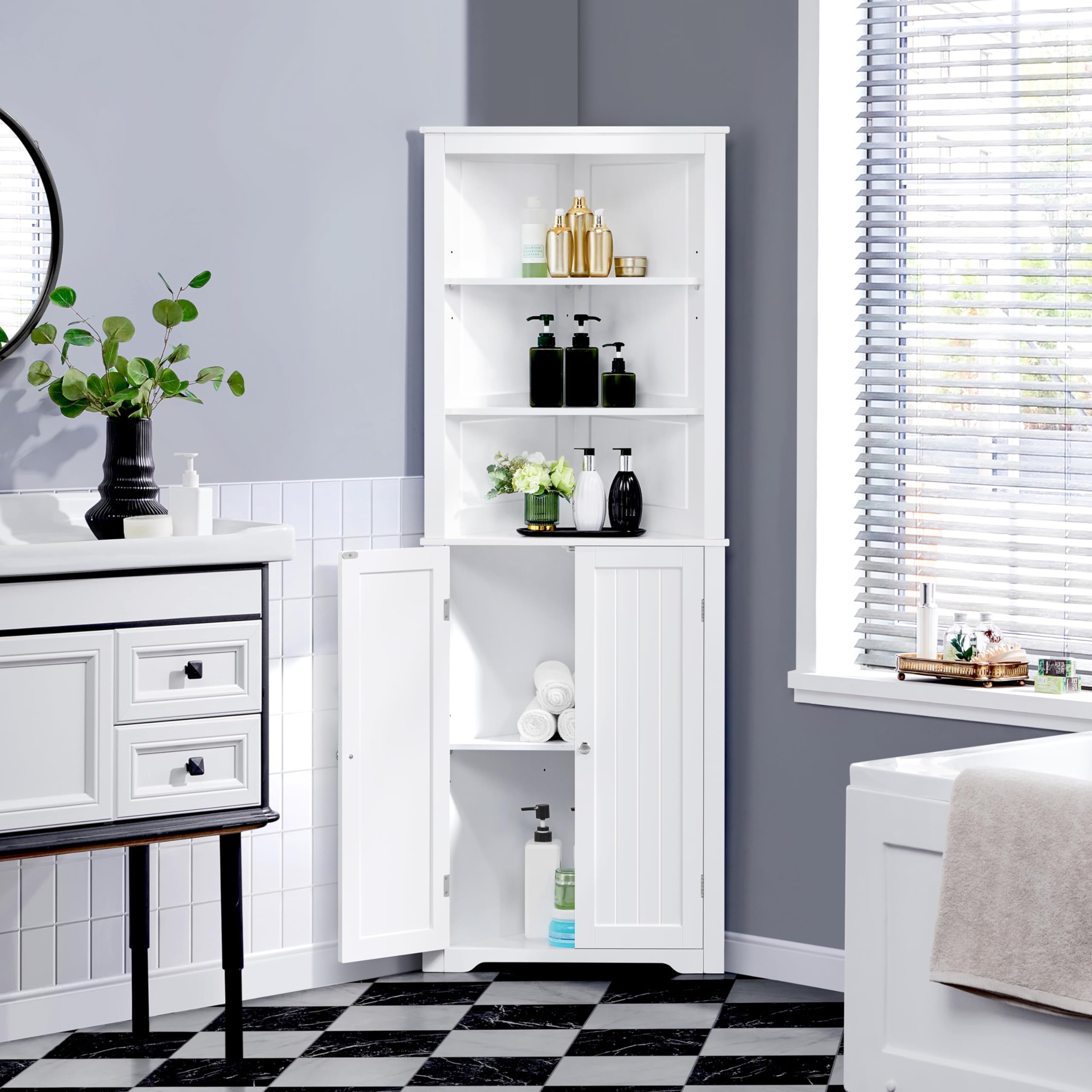 Tall Corner Cabinet with Adjustable Shelves, Freestanding Storage Cabinet