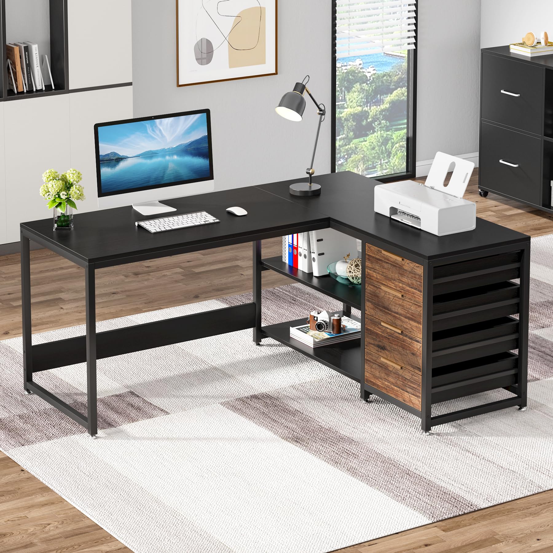 L Shaped Computer Desk with Storage Drawers, 59 inch Corner Desk with Shelves