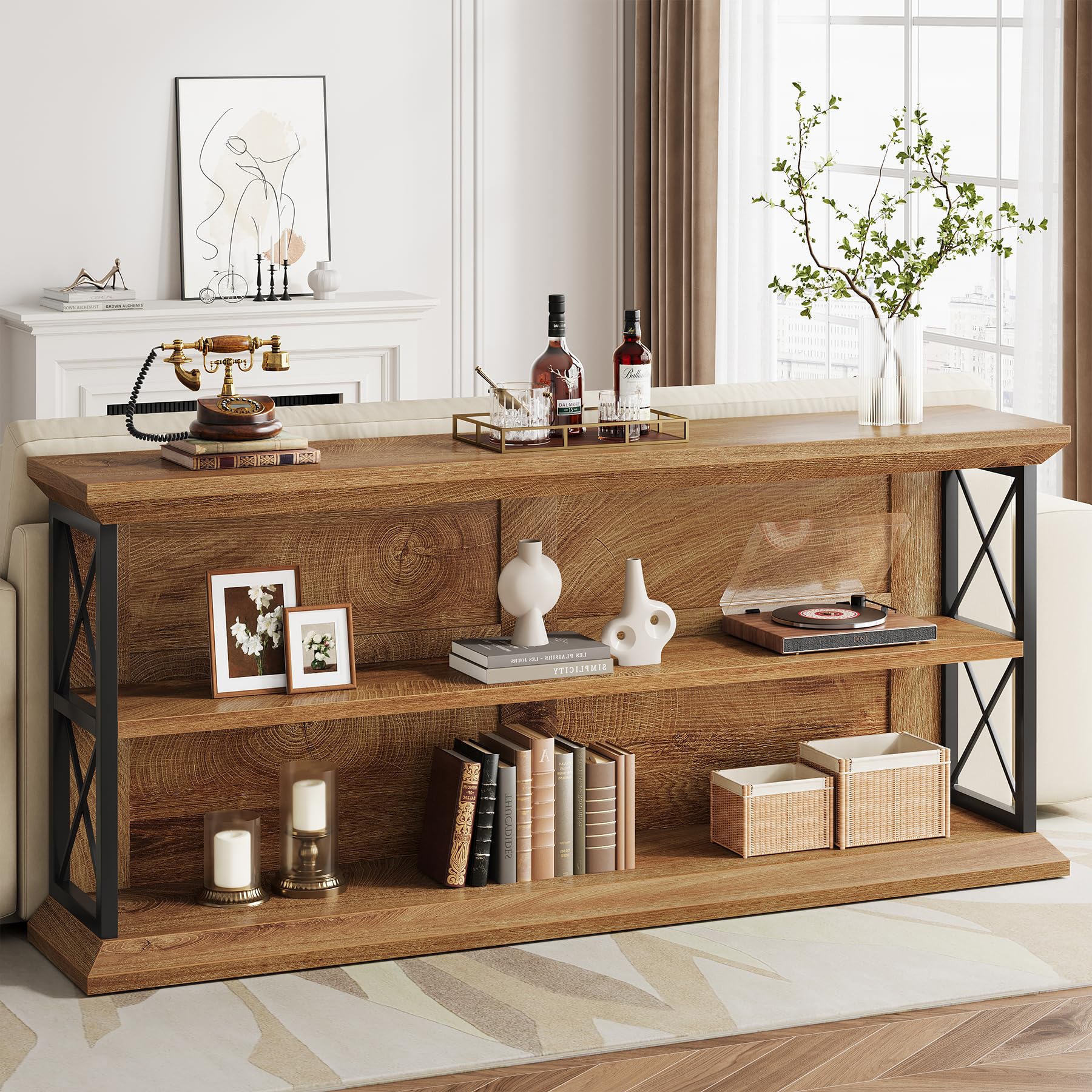 63 Inch Console Table with 3-Tier Storage - Oak Brown