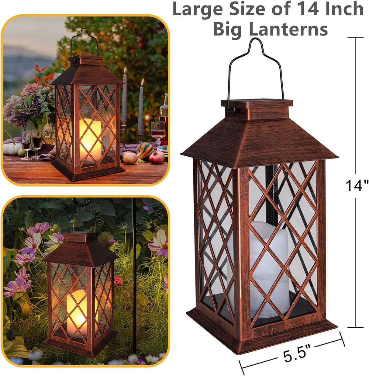 14" Solar Lantern Outdoor Garden Hanging Lantern Waterproof LED Flickering