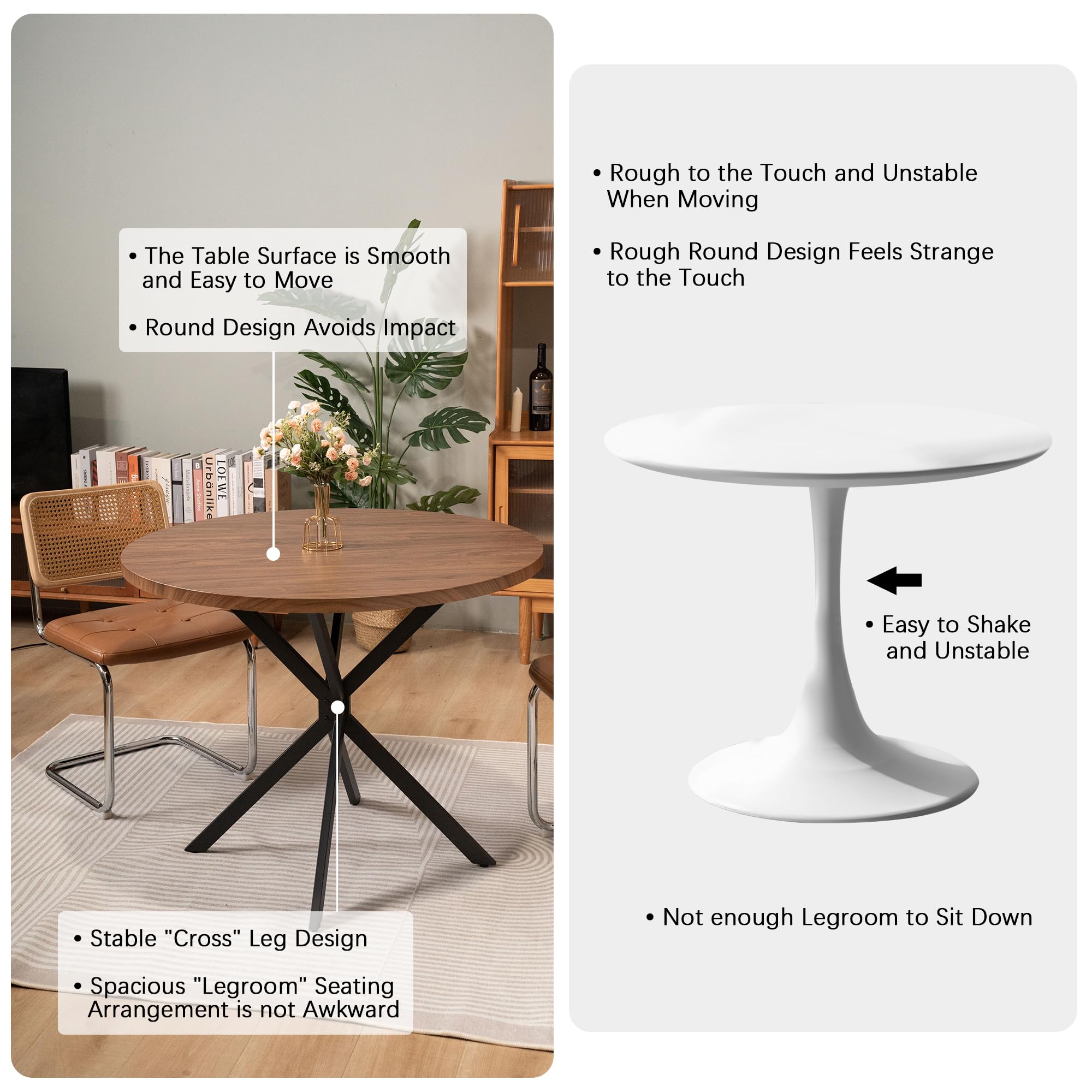 Walnut Round Dining Table for 4-6 Person, 39" Mid-Century Modern Round Dining Room