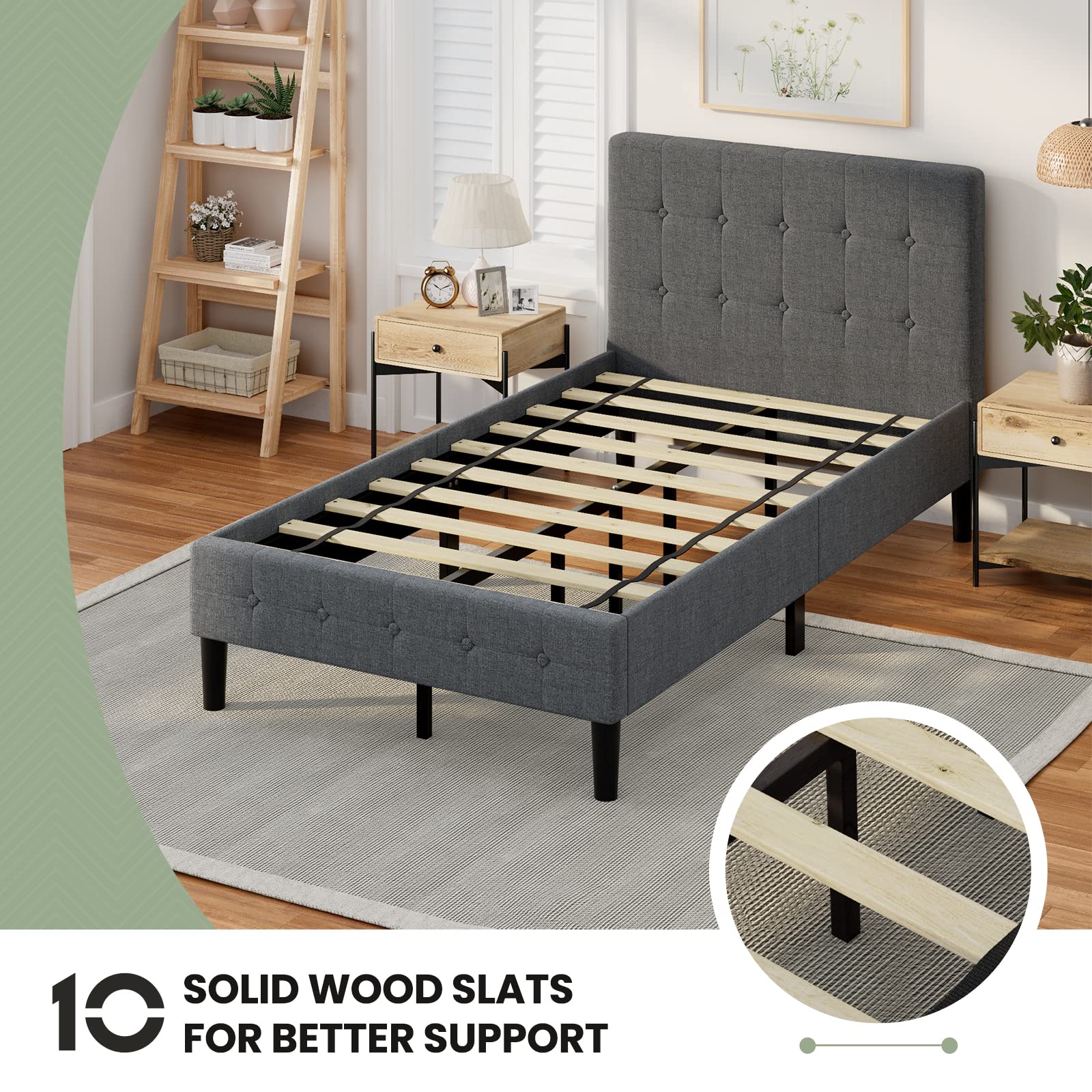 Twin Upholstered Bed Frame with Button-Tufted Headboard - Grey