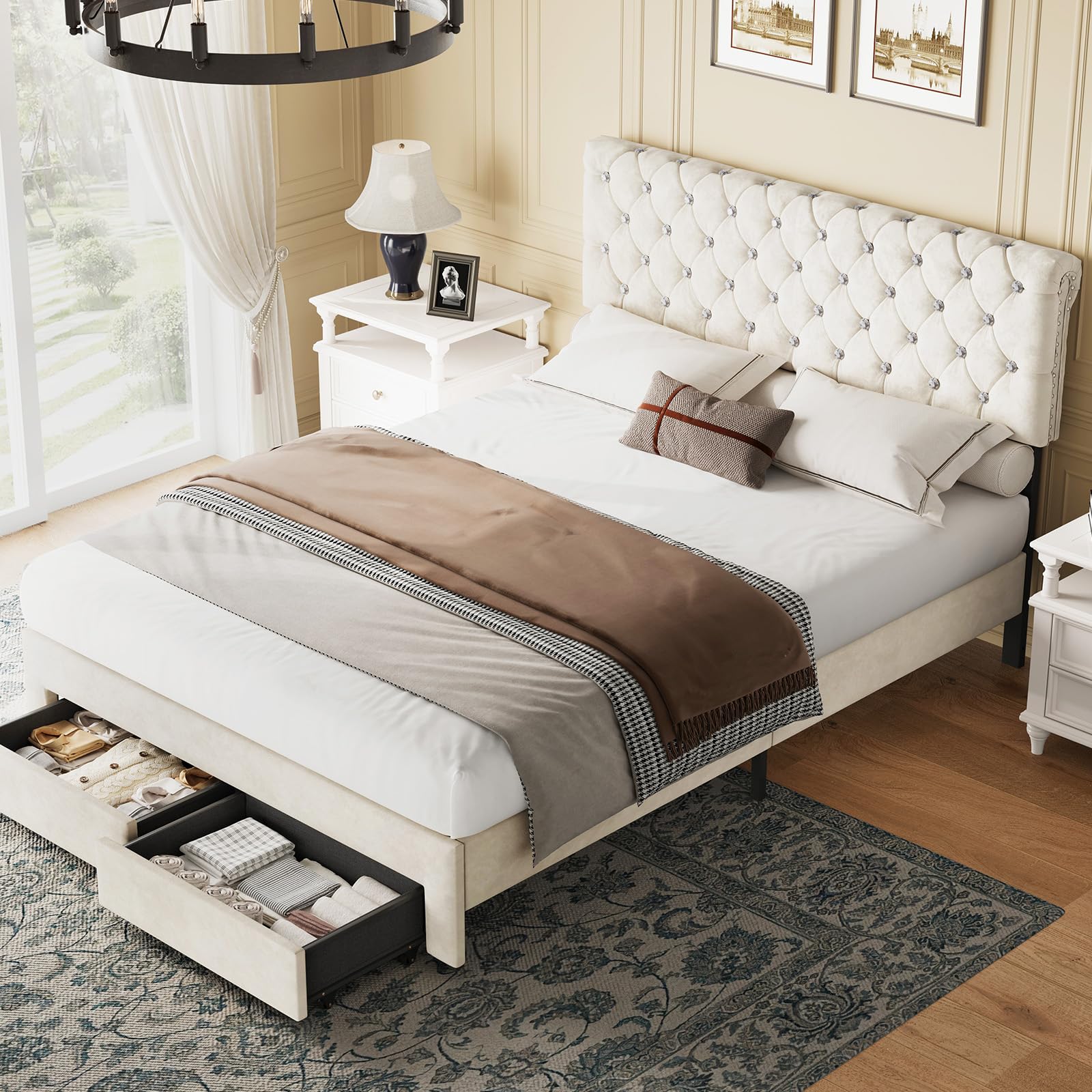 Full Bed Frame with Storage Drawer and Adjustable Headboard