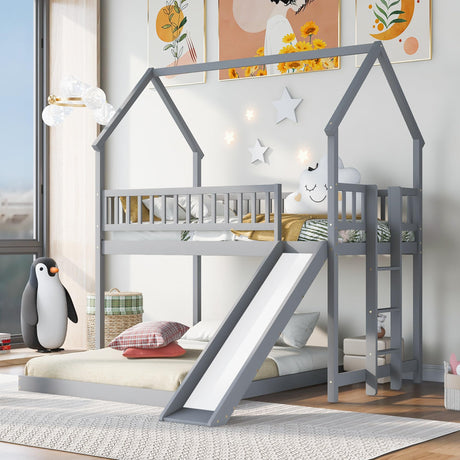 Twin Over Full Bunk Bed with Slide and Built-in Ladder, House Shaped Solid Wood Bunk Beds with Full-Length Guardrail for Kids,Teens, Adults, No Box Spring Required, Gray