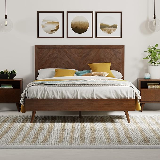 Mahogany Wood Platform Bed Frame with Headboard | King, Walnut