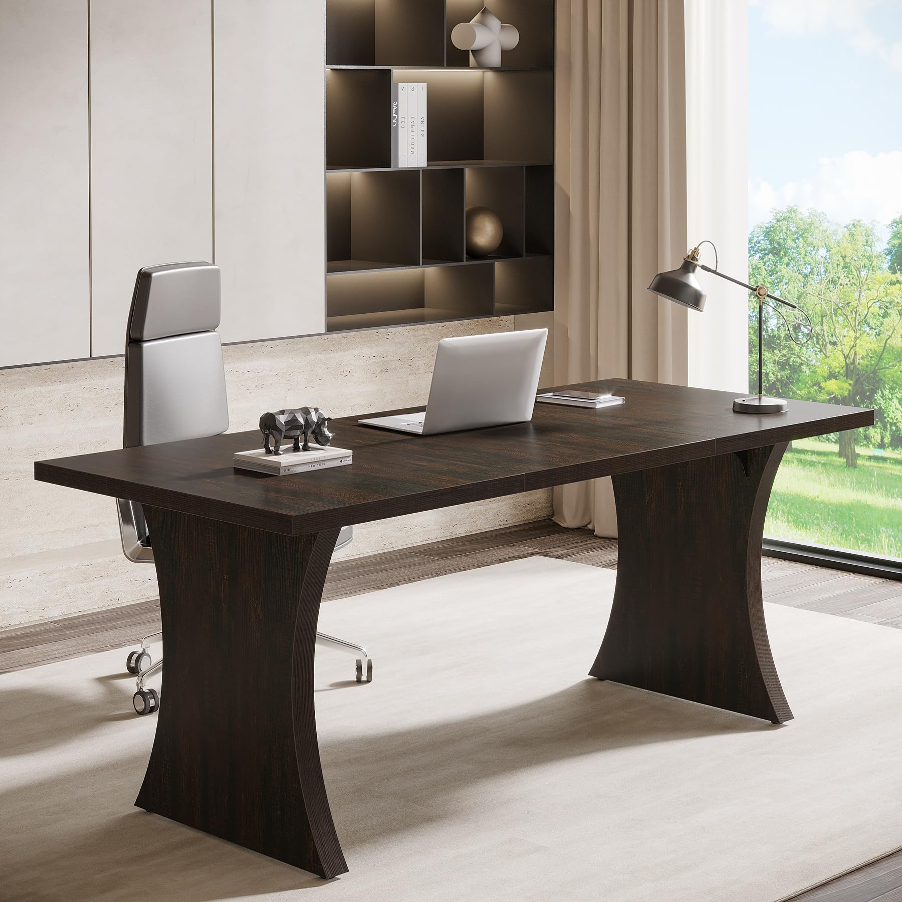 Executive Desk, Long Computer Table, Workstation with Heavy Duty Wood Legs, Modern