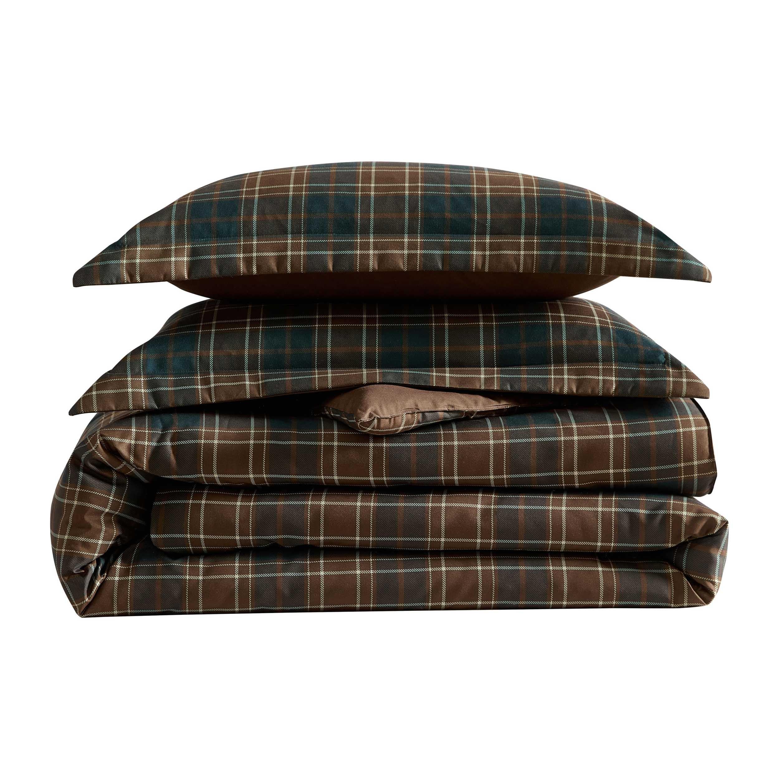 Queen Comforter Set - Huntley Plaid Brown 3-Piece Bedding with Matching Pillowcases