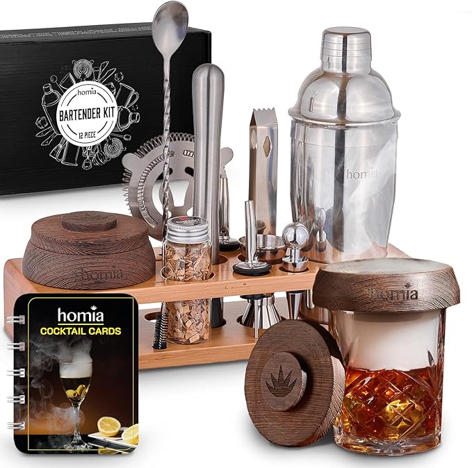Kit with Whiskey Smoker - 13 pcs, Pine Stand - Bar Set with Cocktail Shaker