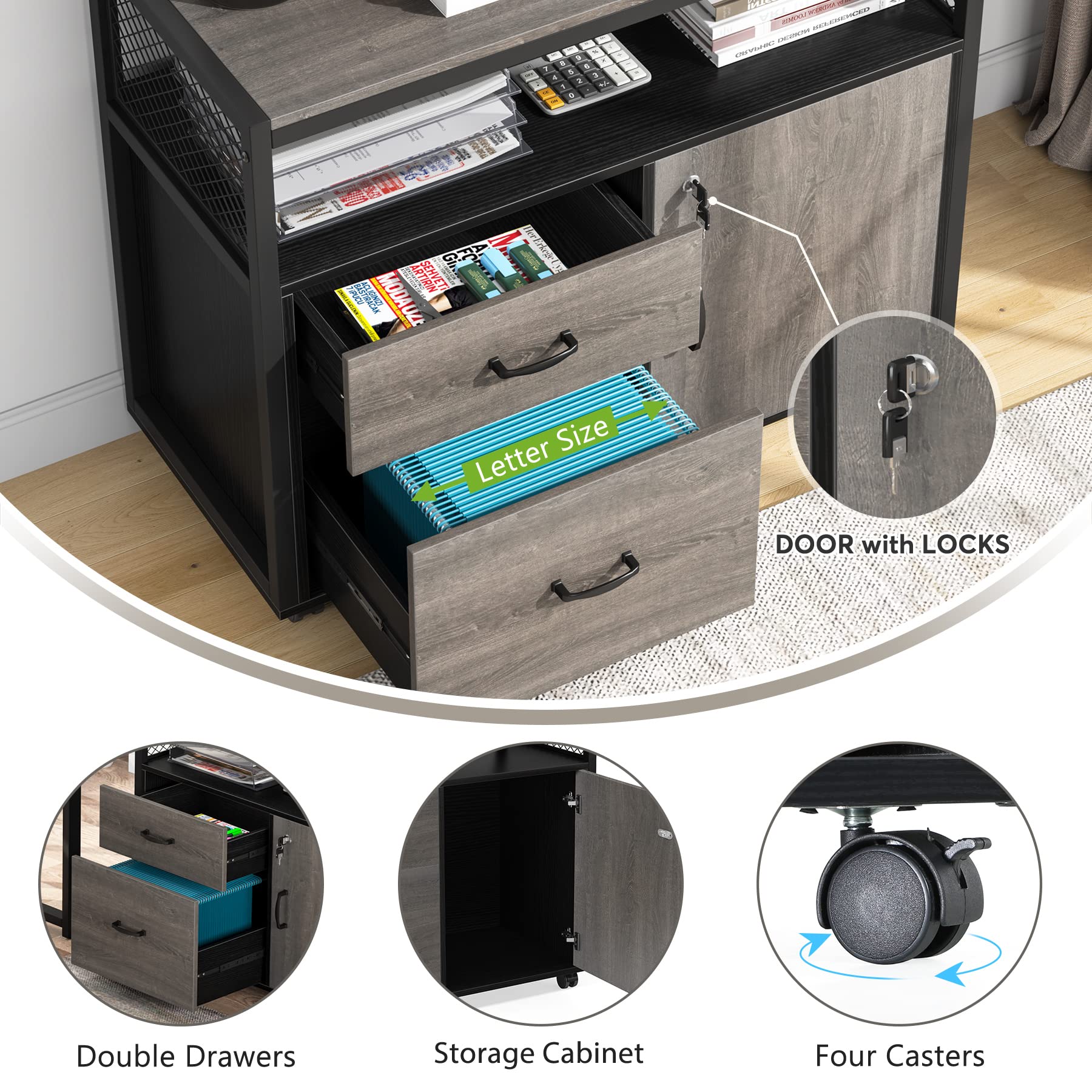 55-Inch L Shaped Office Desk with Drawers & Storage Shelves