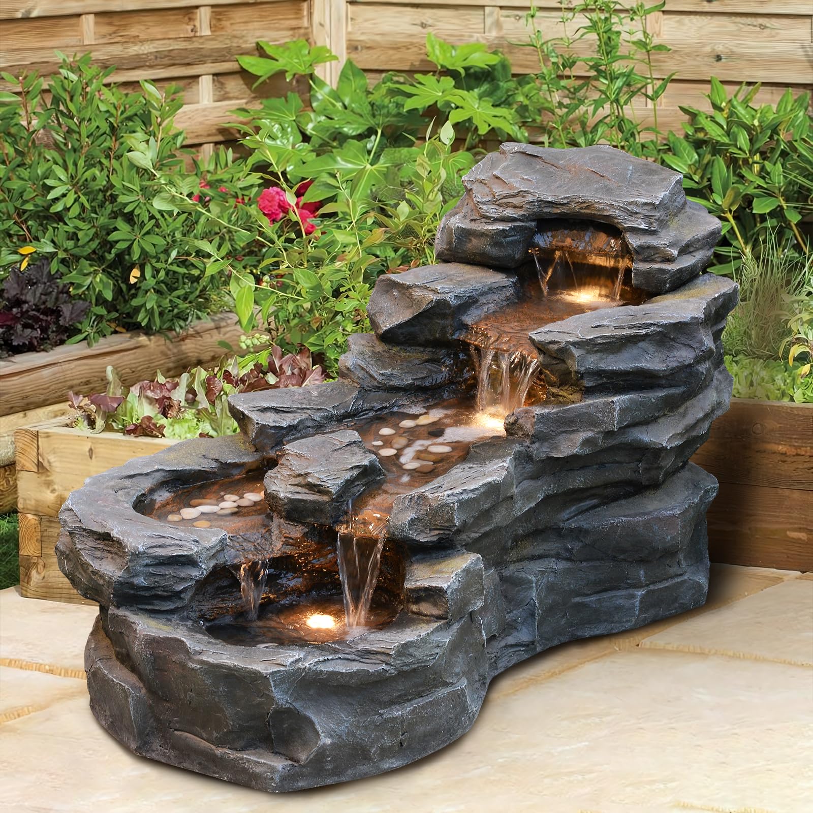 37" L Garden Outdoor Water Fountain, Floor Standing 5-Tiers Rock Natural Waterfall