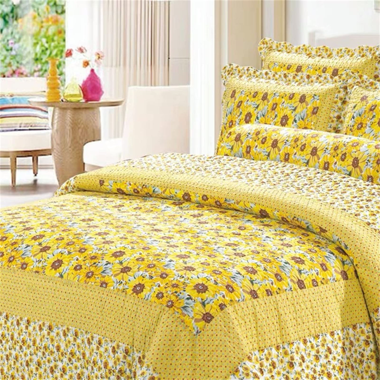 Cotton Polka Dot Comforter Set Sunflower Patchwork Bedspreads Quilt Sets Sunflower