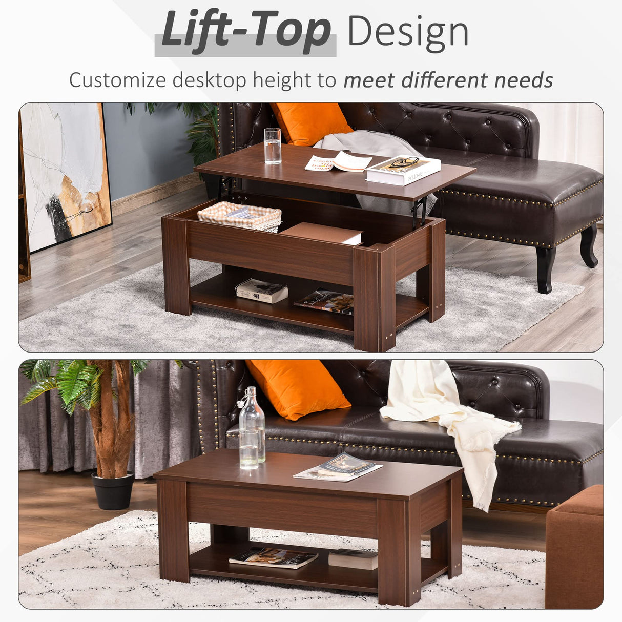 39" Lift Top Coffee Table with Hidden Storage Compartment and Open Shelf