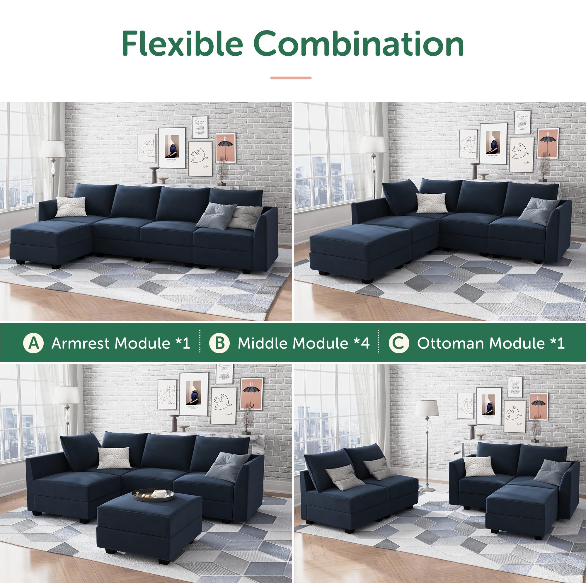 Modular Sectional Sofa Velvet L Shaped Couch with Storage Ottoman Convertible