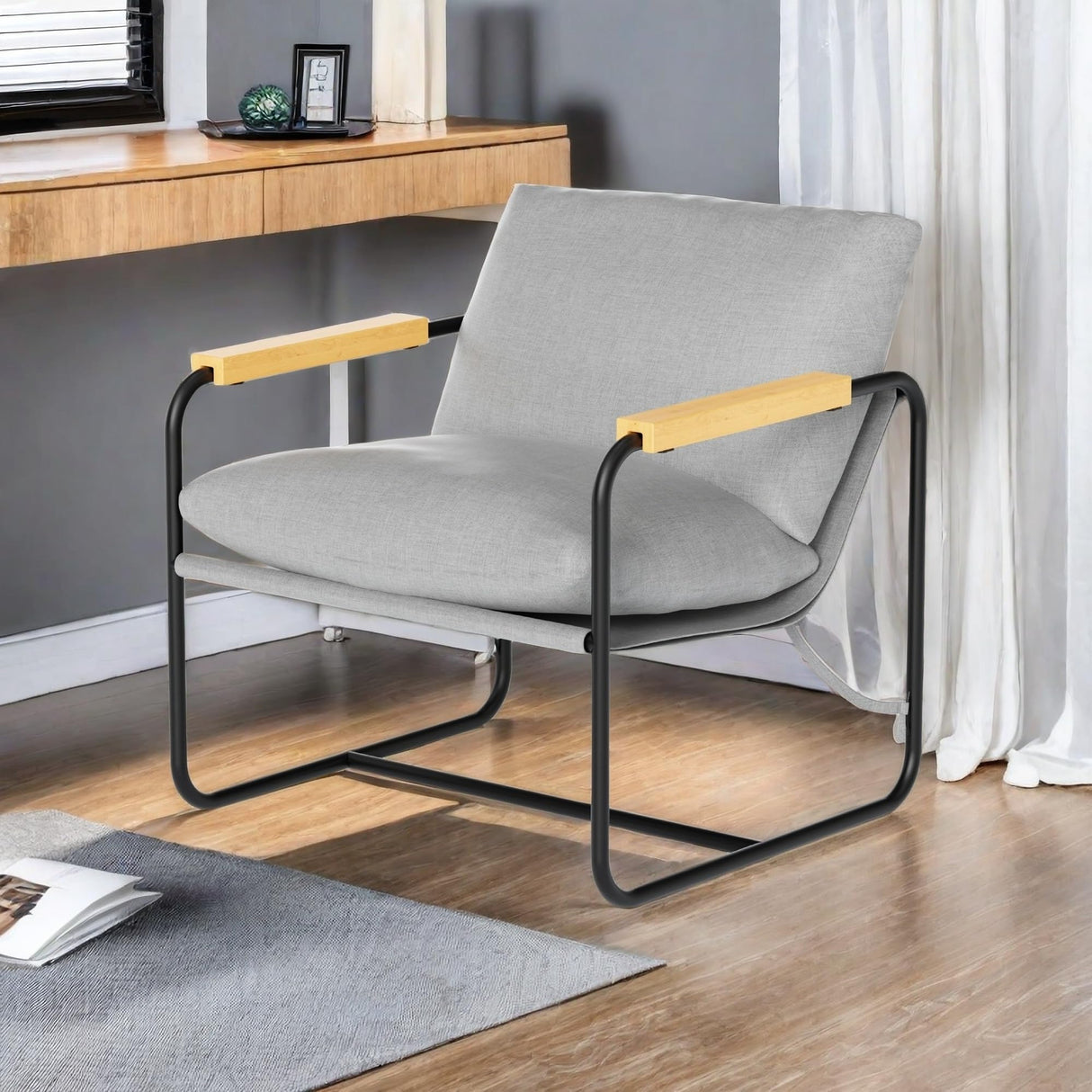 Modern Armchair, Metal Frame Accent Reading Chair with Wooden Armrests for Bedroom