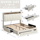 Queen Bed Frame with 3 Drawers, Upholstered Platform Bed with Storage Headboard