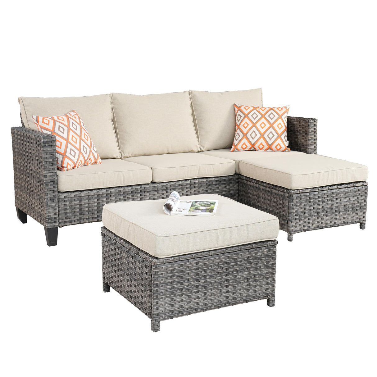 Patio Sofa 3 Pieces Patio Furniture Set Outdoor Wicker Sofa Couch with Ottomans