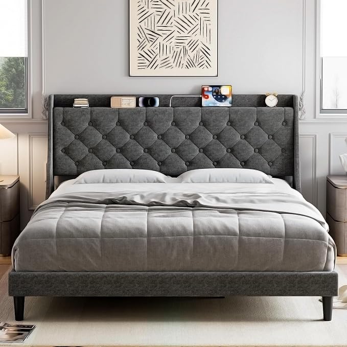 Queen Bed Frame with Charging Station and Wingback Headboard, Button Tufted