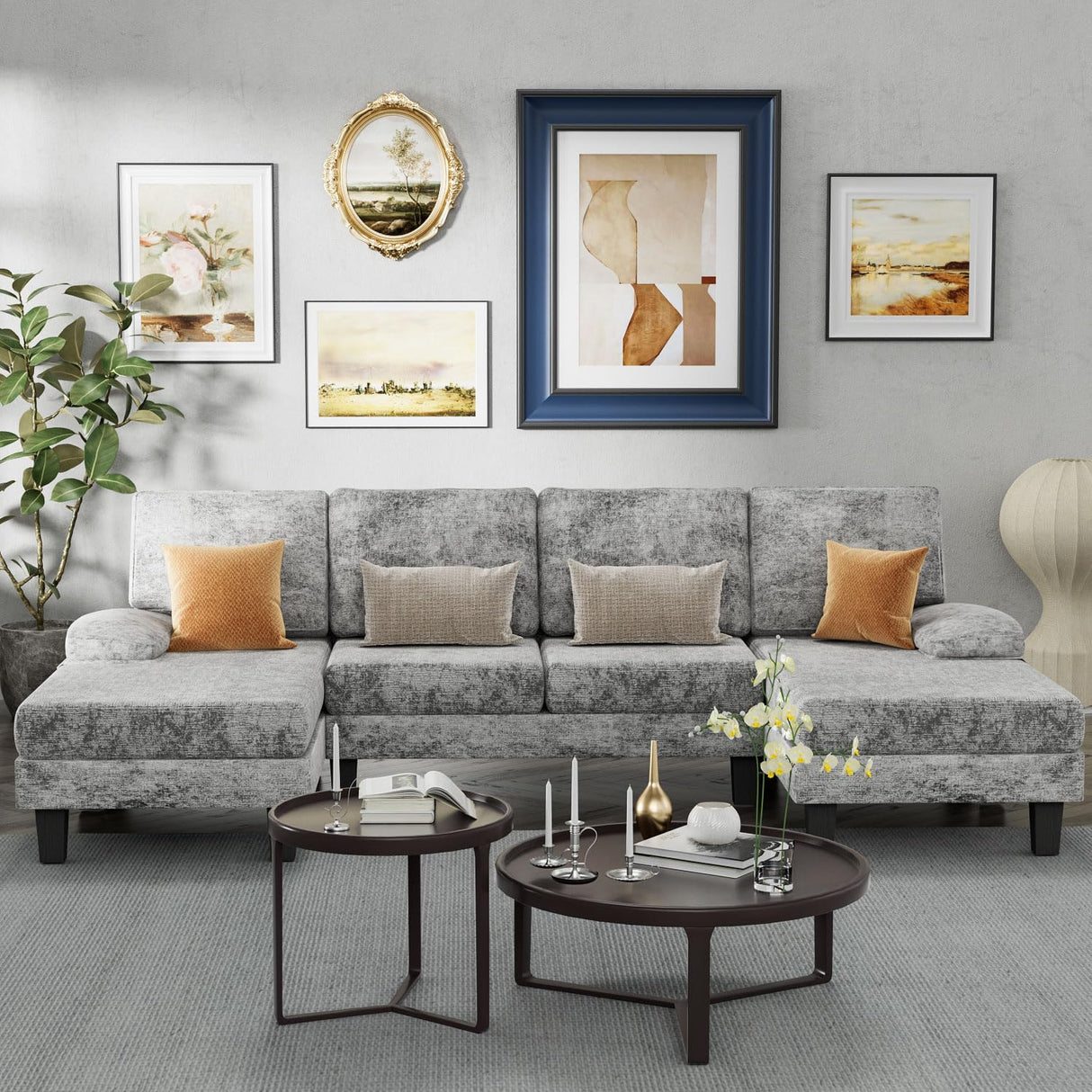 Couch Living Room Sets Chenille Fabric U-Shaped Sofa with Double Chaises, Dark Gray