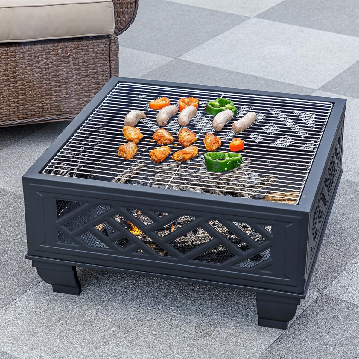 MistMo 26" Steel Square Fire Pit with Grill & Poker, Outdoor Fireplace with Mesh Cover for Patio, Backyard & Garden, Ideal - Bircata